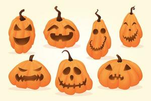 Halloween pumpkins jack o lantern with cut out eyes and mouth, set of vector cartoon illustrations.