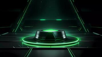Podium with Futuristic Green Neon Lighting Science Stage Background. 3d rendered science technology showcases. photo