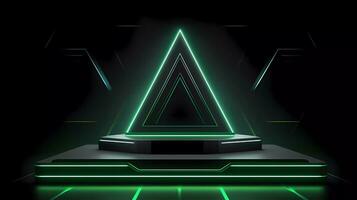 Podium with Futuristic Green Neon Lighting Science Stage Background. 3d rendered science technology showcases. photo