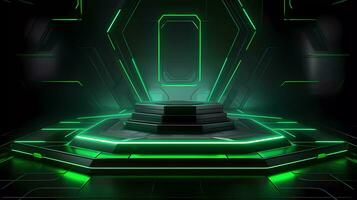 Podium with Futuristic Green Neon Lighting Science Stage Background. 3d rendered science technology showcases. photo