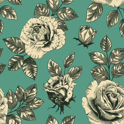 Abstract modern floral seamless pattern with hand drawn flower in Toile de jouy style. Retro elegance repeat print. Vintage design for fabric, wallpaper or wrapping