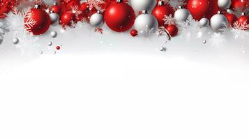 Navidad rojo regalo caja con plata cinta, con Navidad adornos en blanco y plata Perfecto para saludo tarjeta y bandera antecedentes. contento alegre Navidad saludo tarjeta foto
