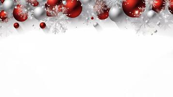 Navidad rojo regalo caja con plata cinta, con Navidad adornos en blanco y plata Perfecto para saludo tarjeta y bandera antecedentes. contento alegre Navidad saludo tarjeta foto