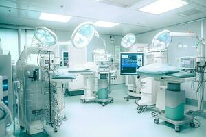 Empty operating room with patient lying under cover Generative AI photo