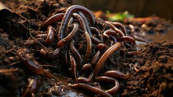 Many living earthworms for fishing in the soil, background Generative AI photo