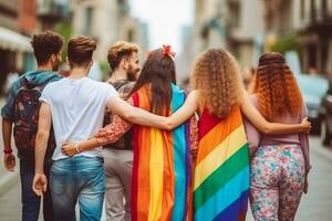 Rear view on real diverse people walking from behind with rainbow flags and balloons at pride parade march in the street. Flag as symbol of LGBT community Generative AI photo