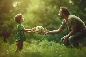 Dad and son playing football together on green meadow Generative AI photo