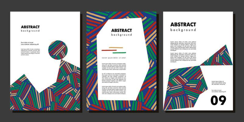 Set of layout template with geometric elements and retro striped pattern. Abstract texture colorful pencil scribble lines and diagonals