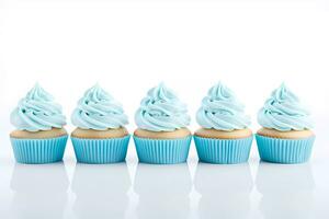 close up view of various sweet cupcakes on white background for sweet shop promotion photo