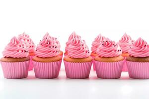 close up view of various sweet cupcakes on white background for sweet shop promotion photo