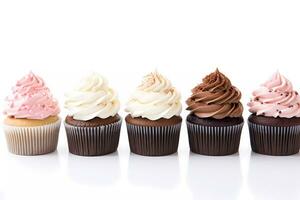 close up view of various sweet cupcakes on white background for sweet shop promotion photo