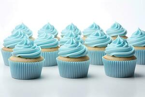 close up view of various sweet cupcakes on white background for sweet shop promotion photo