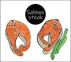 Set of salmon steak with asparagus branches for cooking. Seafood healthy eating concept. vector