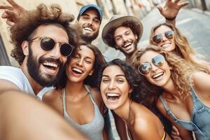 multicultural amigos tomando selfie Foto con Teléfono móvil fuera de - contento joven personas teniendo divertido colgando fuera en ciudad calle - verano vacaciones concepto con chicos y muchachas disfrutando generativo ai