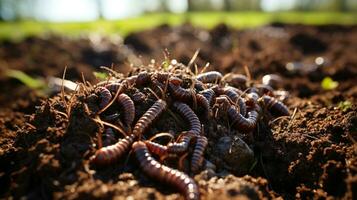 Many living earthworms for fishing in the soil, background Generative AI photo