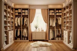 Open wardrobe scandinavian style all white Generative AI photo