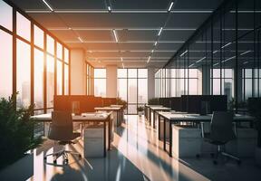 Modern style office interior with exposed concrete floor and a lot of plants photo