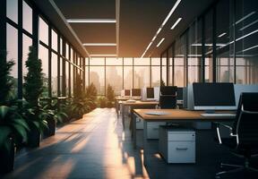 Modern style office interior with exposed concrete floor and a lot of plants photo