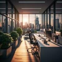 Modern style office interior with exposed concrete floor and a lot of plants photo