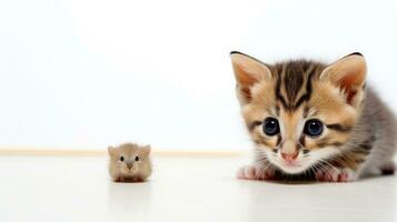 gatito y ratón. Bengala gatito y pequeño ratón en un blanco fondo, Copiar espacio. generado por ai foto