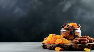 Dried fruits in glass jar on dark background. AI-Generated photo