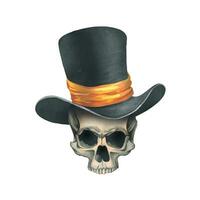 A human skull without a lower jaw in a black top hat with a orange ribbon. Hand drawn watercolor illustration for day of the dead, halloween, Dia de los muertos. Isolated object on a white background vector