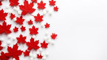 Happy 1st of July Canada Day celebrating. Top view flat lay of national maple leaves, red, white stars on white background with empty space for text Generative AI photo