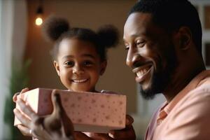 amoroso negro pequeño niña dando regalo a su papá, del padre día concepto generativo ai foto