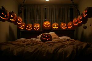 a row of halloween carved pumpkins hung behind a bed AI Generated photo