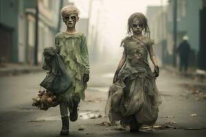 two kids dressed in Halloween costumes walking down the streets during Trick-or-Treat AI Generated photo