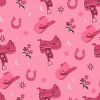 Seamless pattern in pink colors with cowboy hats, saddles and horseshoes. Vector graphics.