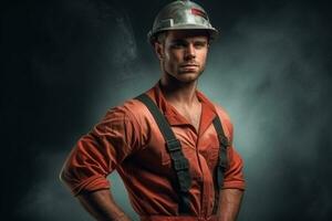 Confident muscular fireman holding a helmet and looks into the camera, standing in the studio against a dark textured wall Generative AI photo