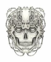 Futuristic skull hand drawing on paper make graphic vector. vector