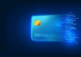 Credit card technology Credit card connected to technology circuit board Refers to the chip inside a credit card that stores money and spending information on the card. without using cash vector