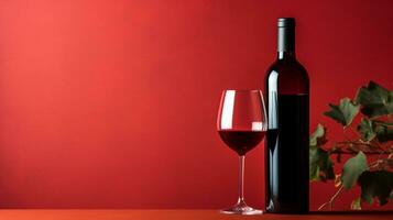 A bottle and a glass of red wine stand on a black mirror table. Black and red background. Generative AI photo