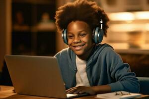 Front view of African American boy playing game on digital tablet at dining table in kitchen at home Generative AI photo