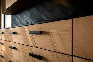 moderno marrón madera roble cocina gabinete equipo, elegante blanco granito encimeras y vaso gas estufa en un hogar generativo ai foto