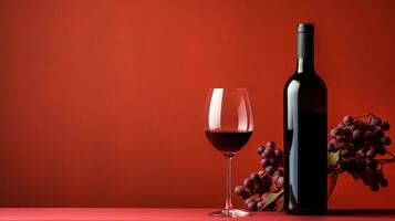 A bottle and a glass of red wine stand on a black mirror table. Black and red background. Generative AI photo