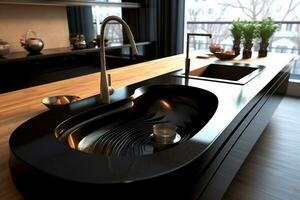 Modern spacious bright kitchen with sunlight and dark accents. 3d rendering. Kitchen empty surface with utensils. Generative AI photo