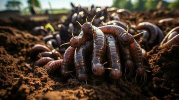 Many living earthworms for fishing in the soil, background Generative AI photo