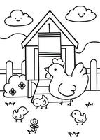 Hen and her chick with Chicken coop -hand draw -line art for coloring pages vector