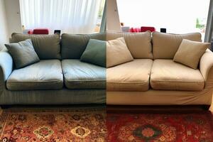 sofá antes de y después Limpieza en seco en habitación generativo ai foto