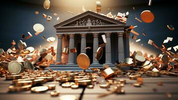 Golden British pound sign breaks an ancient bank building into halves. 3D illustration of the concept of the impact and crisis of falling price of UK sterling Generative AI photo