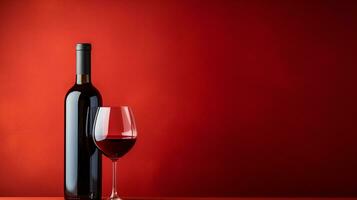 A bottle and a glass of red wine stand on a black mirror table. Black and red background. Generative AI photo