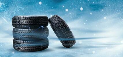 winter tyre cover on Lights on blue and snow background photo