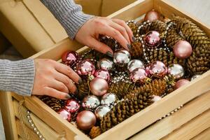 Christmas balls in a wooden box. New year. Christmas background photo