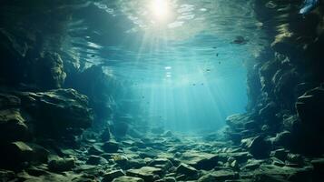 beautiful opened empty old wooden treasure chest submerged underwater world with anchor, amphora and light rays, close up Generative AI photo