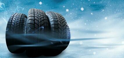 winter tyre cover on Lights on blue and snow background photo