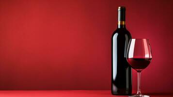 A bottle and a glass of red wine stand on a black mirror table. Black and red background. Generative AI photo