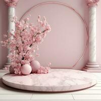 Pink marble podium with flowers. Generative AI photo